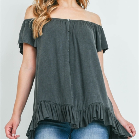 Charcoal Boho style off shoulder tunic top - Picture 2 of 11